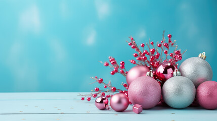 Pink, turquoise and purple satin Christmas balls with small lights around them. Christmas...