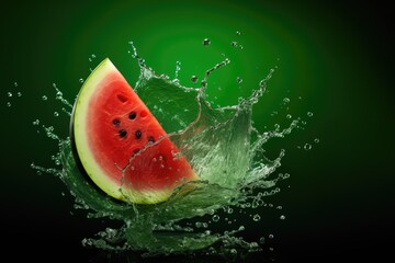 slice of watermelon  with water splash and green background