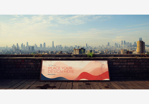 Frame Poster Billboard Mockup: City Skyline with Clouds and Cityscape Background