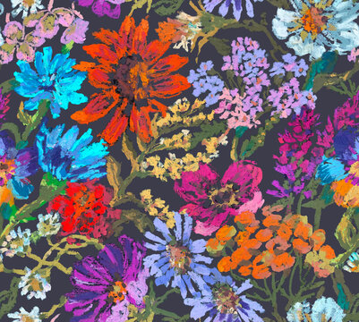 Seamless floral pattern with wild flowers hand drawn with oil pastels. Seamless background with multi-colored flowers.