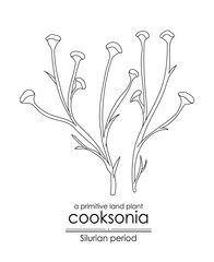 Cooksonia, a Silurian period primitive land plant, black and white line art illustration. Ideal for both coloring and educational purposes