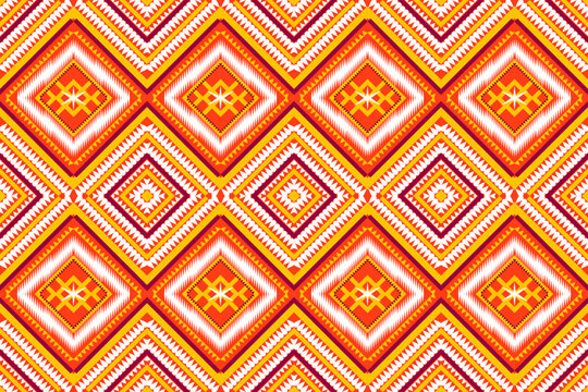 seamless pattern design geometric square triangle circle tribal fabric indian turkish african popular wave ethnic vactor Yellow, orange, white, dark red design for textile print wallpaper
