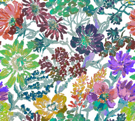 Seamless floral pattern with wild flowers hand drawn with oil pastels. Seamless background with multi-colored flowers. - 660367991