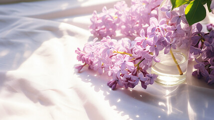 Lilac arrangements flowers under shadow. Copy space