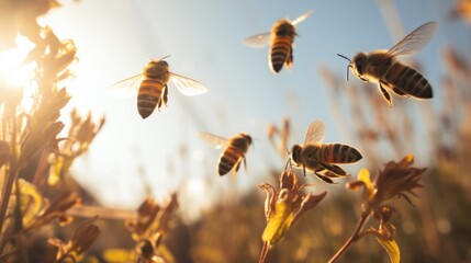 A group of bees flying in the summer