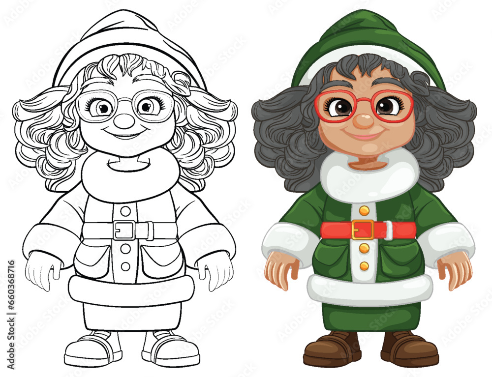 Poster cheerful woman wearing green santa cloth cartoon character