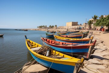Vibrant pirogue boats in Ngor Bay, Dakar, Senegal on a sunny day. Generative AI - obrazy, fototapety, plakaty