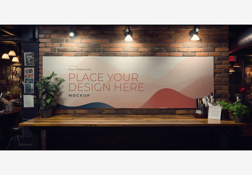 Frame Poster Billboard Mockup: White Board Table with Lights, Potted Plant, Brick Wall, and Window in Restaurant Scene