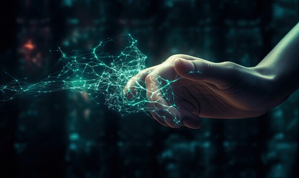 User's hands interacting futuristic technological holographic