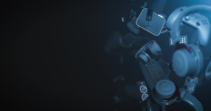 Animated background with the best equipment for gaming and streaming levitating in front.