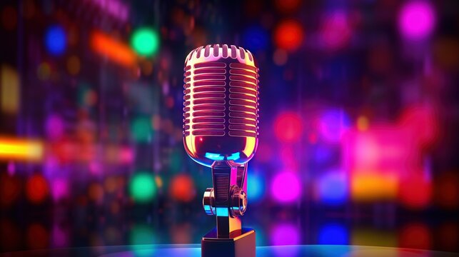 Microphone with illuminated neon lights on a dark background.AI generated image