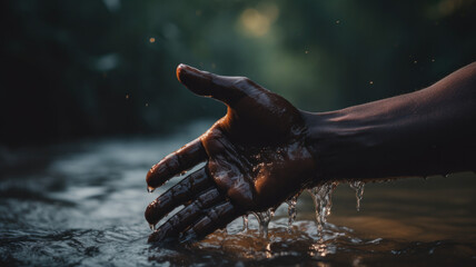 A hand of a black person collecting water from a river. Drinking water in remote locations - obrazy, fototapety, plakaty