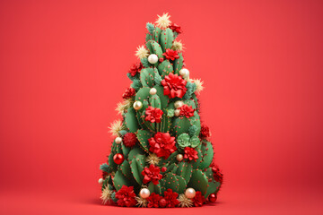 Fototapeta na wymiar Festive Xmas and New Year holiday season, stylish banner design, tree isolated on red background. Creative cactus Christmas tree with colorful ornaments, flowers and decorations. 