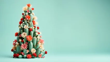 Foto op Canvas Festive Xmas and New Year holiday season, trendy idea banner design on pastel light teal background. Modern cactus Christmas tree with colorful ornaments, flowers and decorations.  © SM.Art