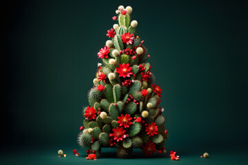 Creative fashionable cactus Christmas tree with colorful ornaments, flowers and decorations. Festive Xmas and New Year holiday season, trendy idea banner design , isolated on dark green background.