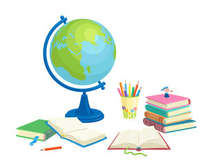 School globe, books, funny toy and glass of colored pencils. Isolated on white background. Vector flat illustration