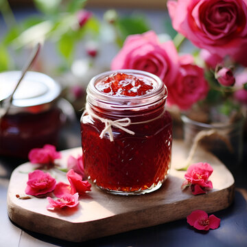 Rose petal jam on a wooden table.Healthy food ingredient. 