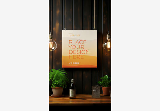 Frame Poster Billboard Mockup: White Board Hanging on Wall with Plants, Alcohol Bottle on Table, Lights, Wooden Wall, Table, Liquor Bottle, Wooden F