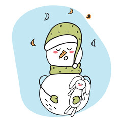 The snowman sleeps with a toy in his hands. Doodle illustration. Children s character. Hello winter