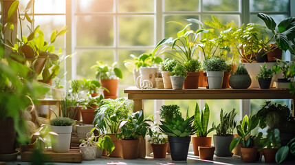 Capture someone potting indoor plants, creating a serene atmosphere inside their home. Showcase the benefits of houseplants for health and well-being.
