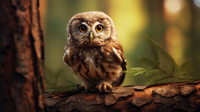 View of spotted owlet perched on a tree branch.