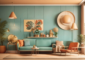 Interior of light living room with sofa and glucophone on table
