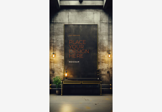 Frame Poster Billboard Mockup - Large Black Board on Wooden Table with Plant and Lamp in Concrete Room