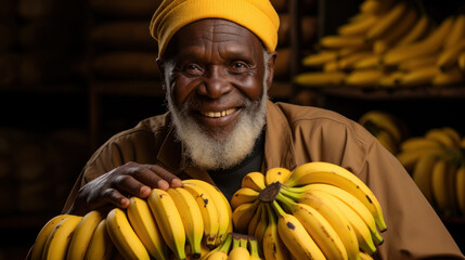 Smiling African senior man in yellow hat holding a bunch of bananas.