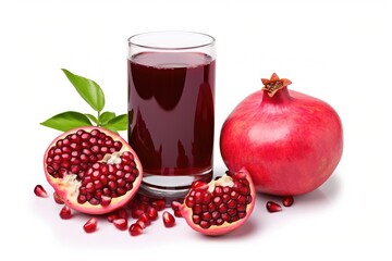 pomegranate juice and pomegranate fruits isolated on white
