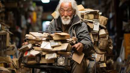 Old asian man with a beard and mustache in a jacket on a motorbike with a lot of cardboard boxes.