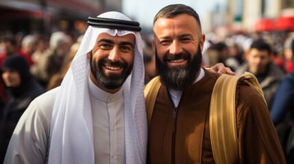 Fototapeta na wymiar Handsome arabic man in traditional clothes with his arab man. Two arabian men.