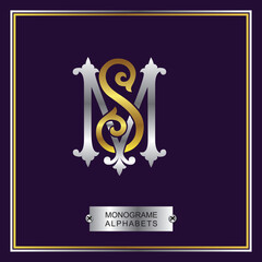 Luxury Logo set Calligraphic Monogram design for Premium brand identity. gold and silver Letter on Dark Blue background Royal Calligraphic Beautiful Logo. Vintage Drawn Emblem