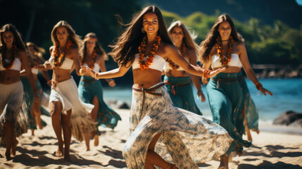 Group of young beautiful women in hawaiian clothes dancing on the beach. - obrazy, fototapety, plakaty