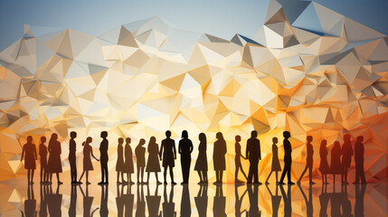 Group of People Standing in Front of Colorful Polygonal Background.