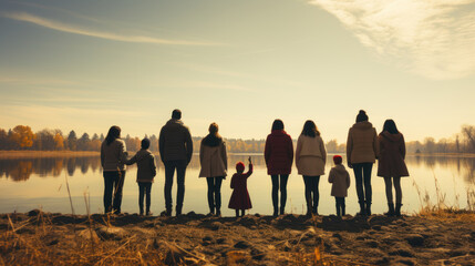 Refugees. Back view silhouette of a group of people standing on a lake shore with children. - obrazy, fototapety, plakaty