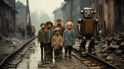 Foto op Canvas Retro post world war II photo of children with vintage robot in the middle of the railway. © AS Photo Family