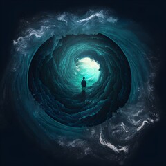vortex portal in ocean at night from above with black colour with a hooded person looking into the vortex 