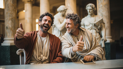 Portrait of happy roman mens showing thumbs up in ancient Rome.