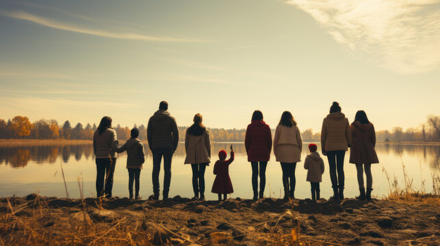Refugees. Back view silhouette of a group of people standing on a lake shore with children.
