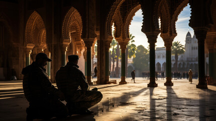 Two Muslim soldiers men praying in the courtyard of the Jama Masjid Mosque in Delhi, India.