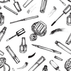 Seamless pattern of cosmetics, mascara, lip gloss, nail polish, eye shadow, perfume, pencil liner with abstract brush marks. black and white graphics hand drawn vector illustration