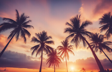 Fototapeta na wymiar Tropical palm coconut trees on sunset sky flare and bokeh nature background