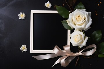 White roses with  ribbon and photo frame  on black background.Funeral Concept