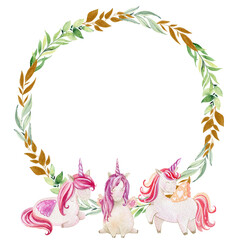 Watercolor cute unicorn illustration. Magical fantasy frame.