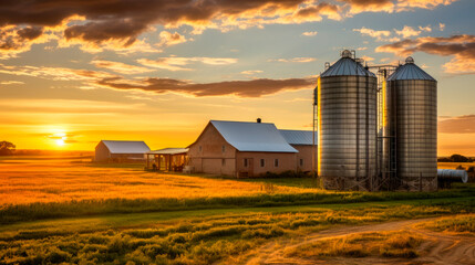 Grain silos at a small farm with a  house and barn