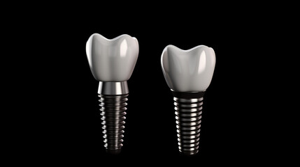 Dental dental implants with metal fin isolated on black background. concept of prosthetics and implantation in dentistry.