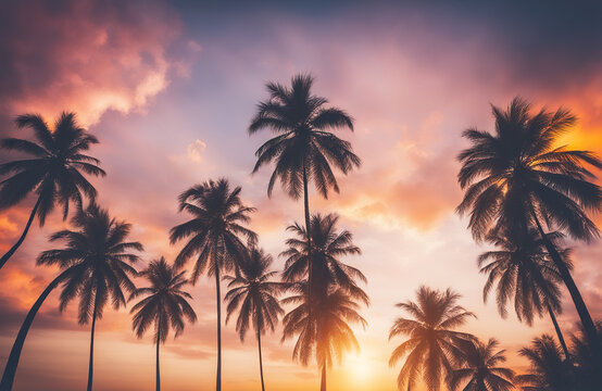 Tropical palm coconut trees on sunset sky flare and bokeh nature background