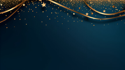 Christmas and New Year festive background. Golden stars and gilded ribbons on Navy blue background with copy space for text. The concept of Christmas and New Year holidays