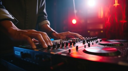 Dj mixing songs , DJ Hands, dj console mixer on concert nightclub stage, music colors. in...