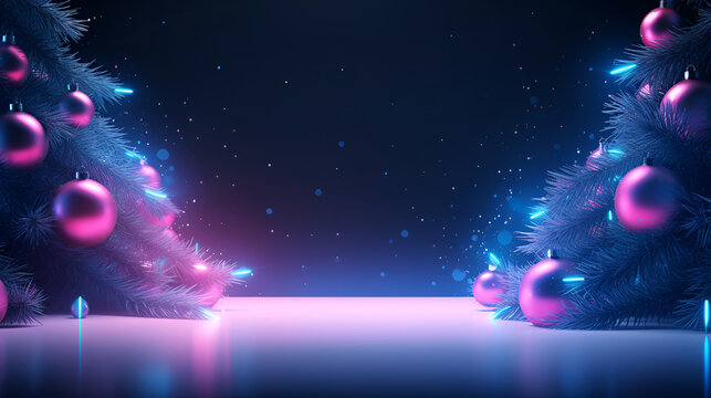 Happy New Year party poster design with neon color Christmas tree and ornaments on dark background with neon bokeh and copy space. Luminosity xmas  decoration frame.